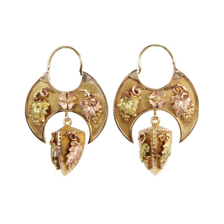 Pair of three-colour gold crescent panel pendant earrings